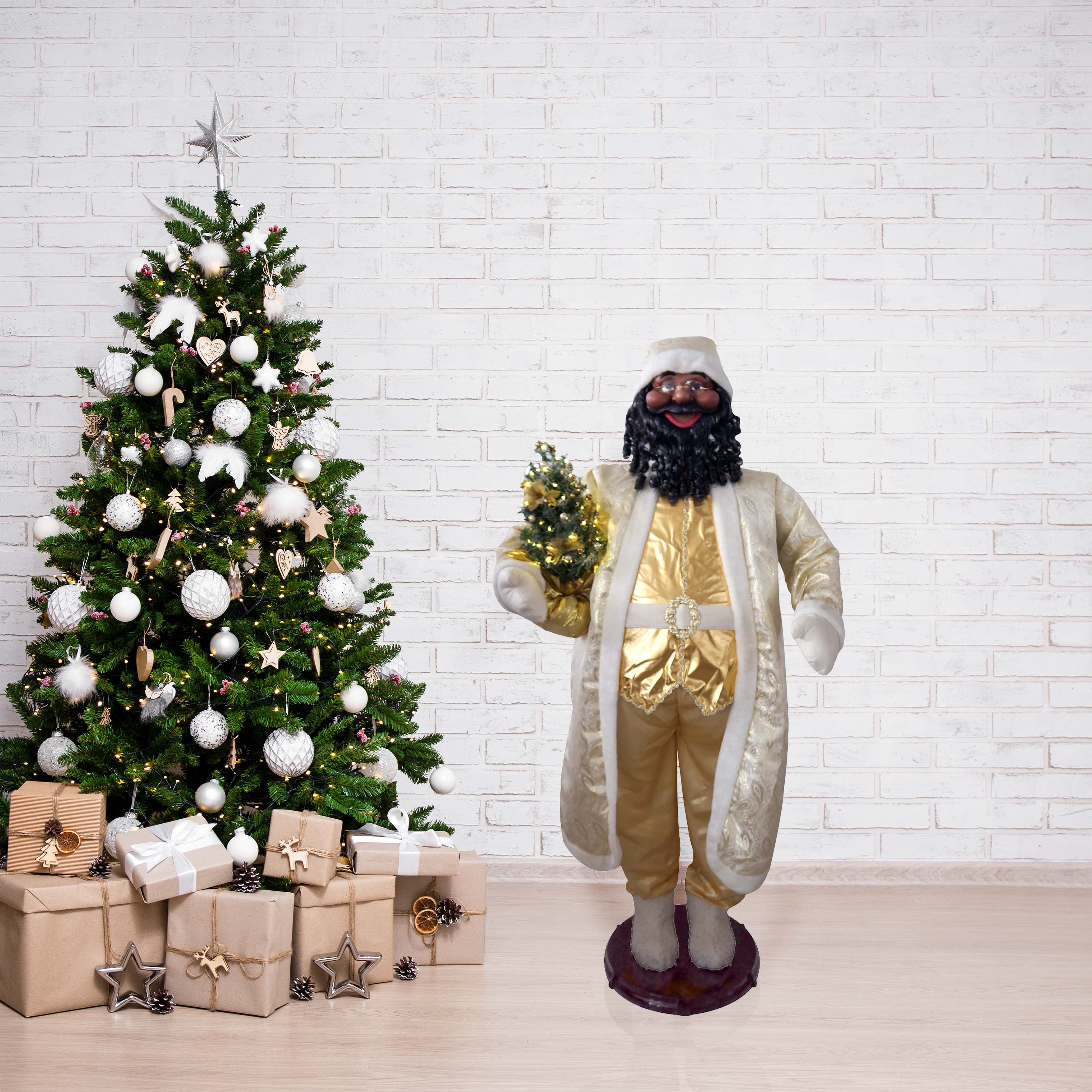 Fraser Hill Farm 58-in. Dancing African American Santa Animatronic in Gold Coat with Prelit Christmas Tree, FASC058-2GL1-AA
