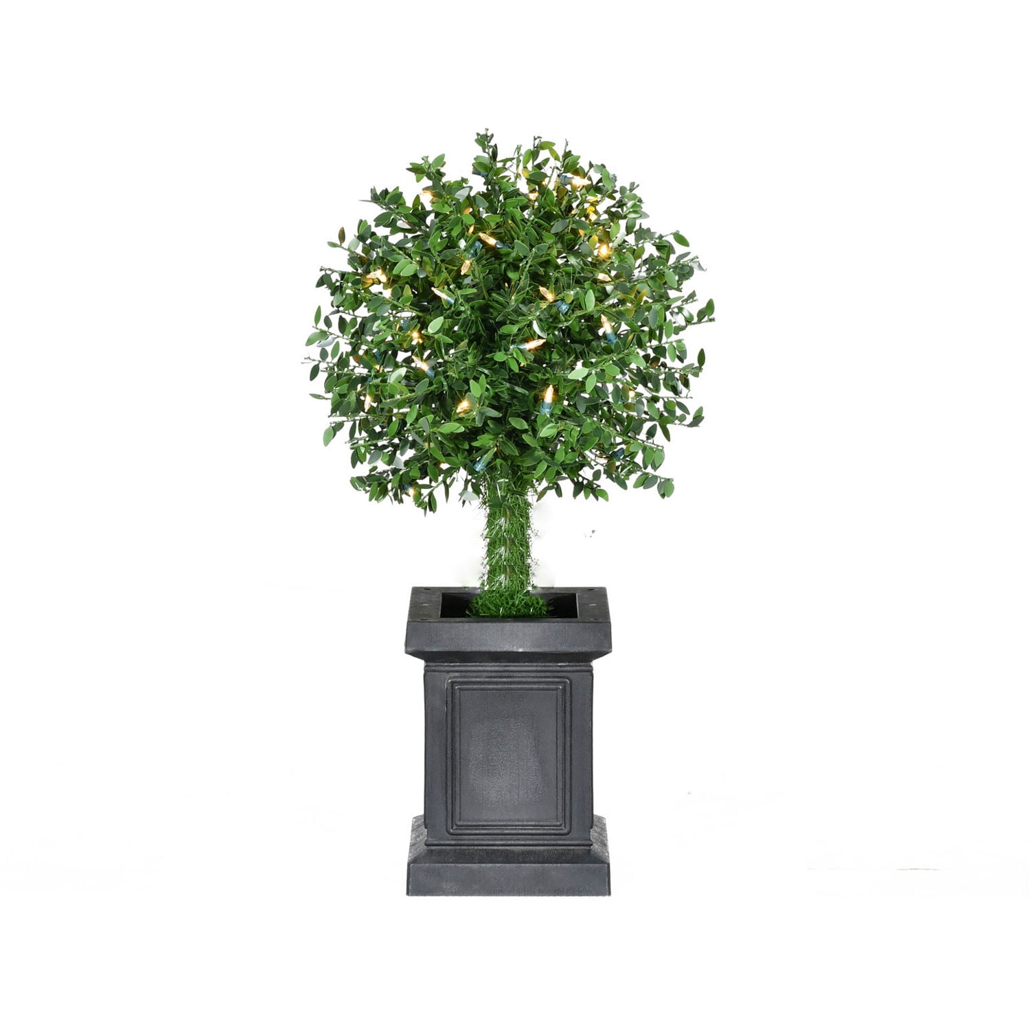 2-ft Boxwood Ball Topiary with Black Metal Pot and Warm White LED Lights
