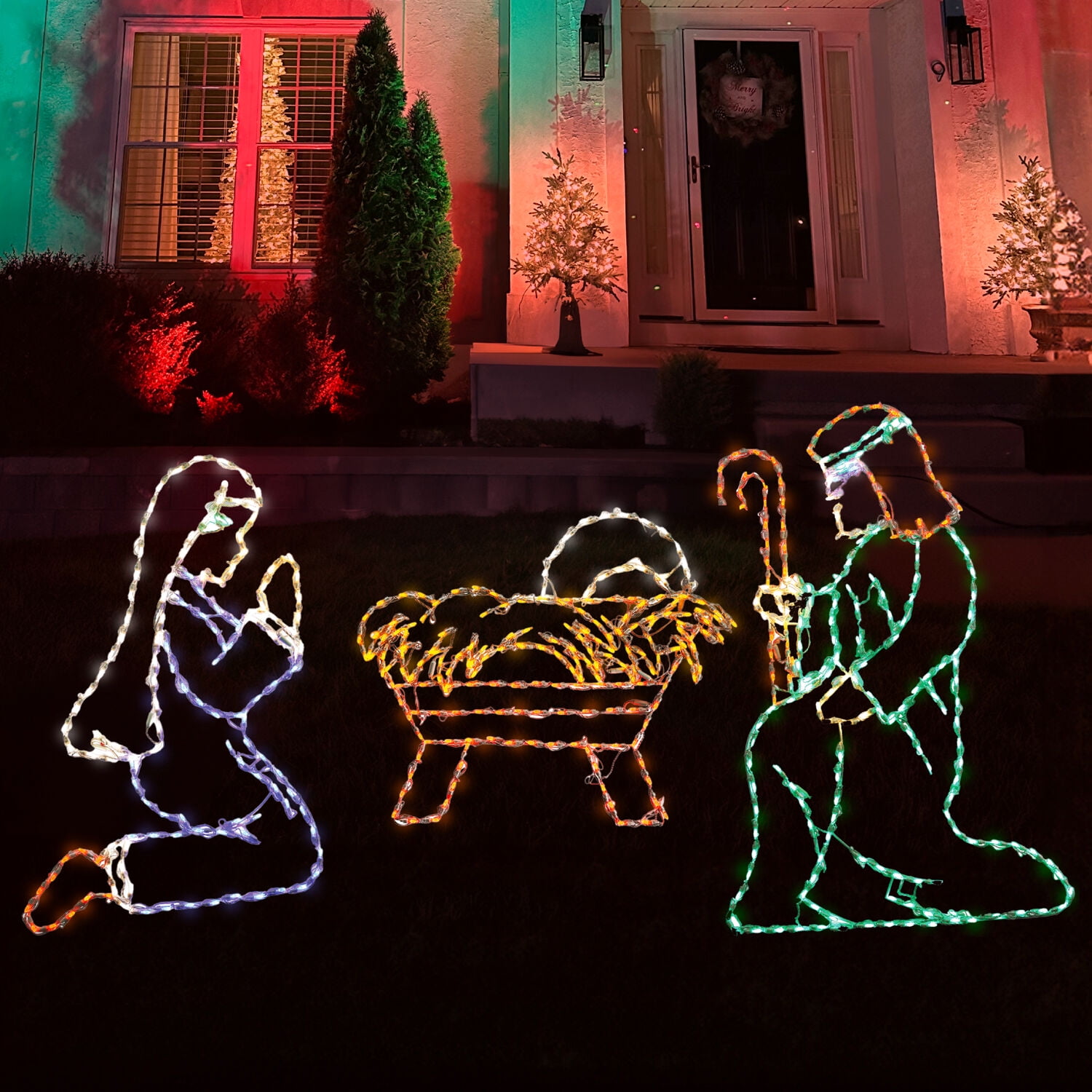 Outdoor Multicolor LED Nativity Set with Powder-Coated Metal Frame