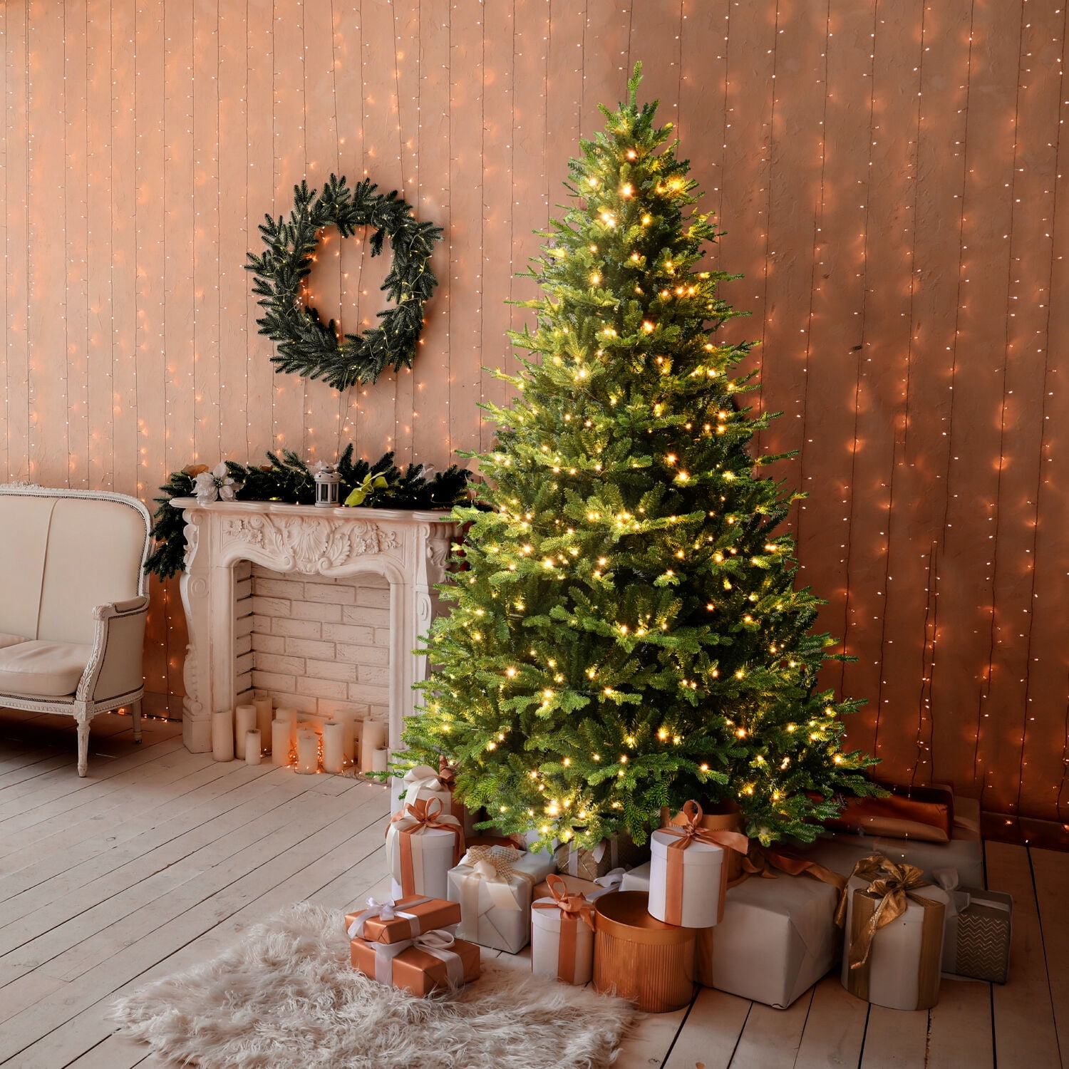 7.5-Foot Green Pine Artificial Christmas Tree with Warm White LED Lights