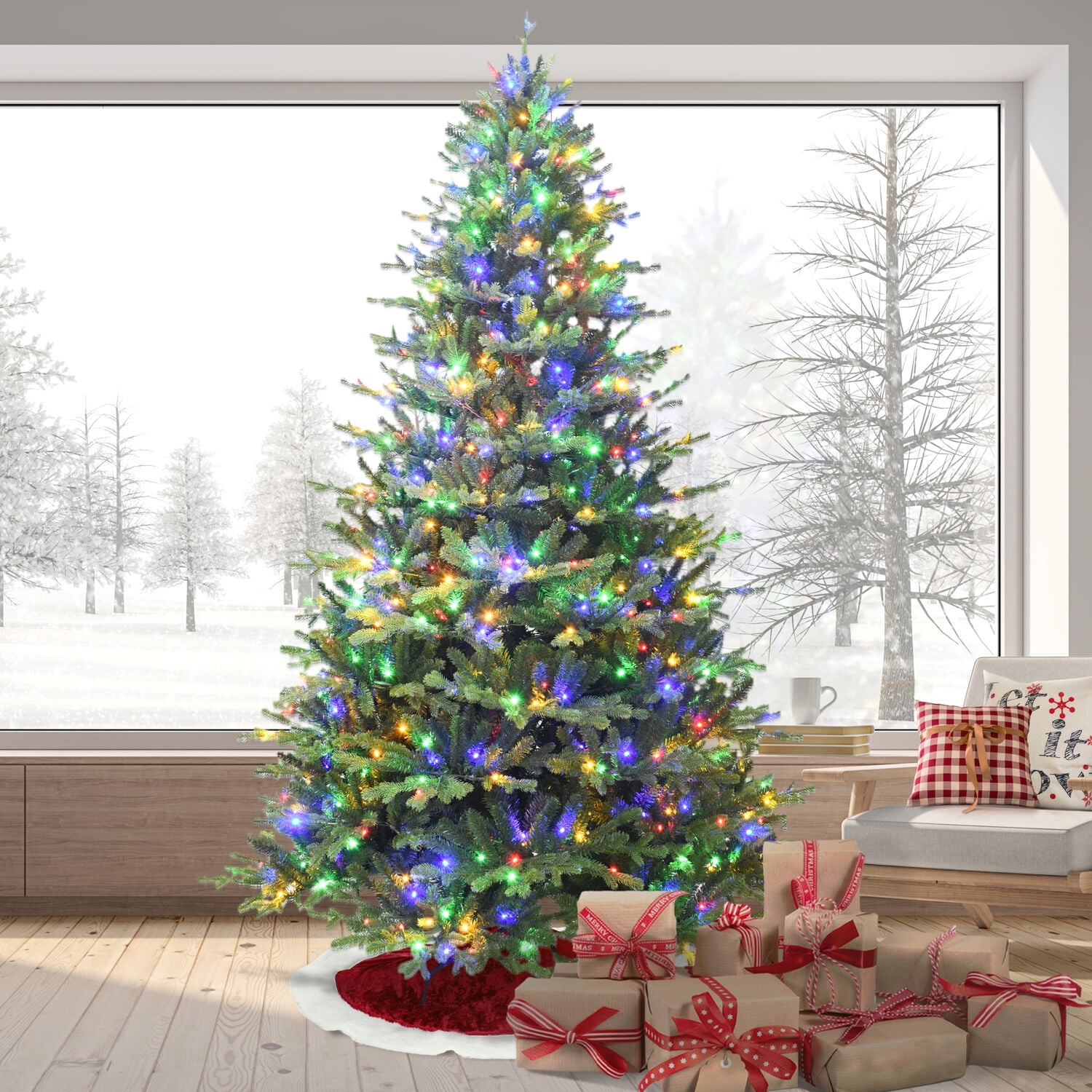 Fraser Hill Farm 7.5-Ft. Oregon Pine Christmas Tree with Dual Multicolor & Warm White LED Lights, FFOP075-6GR