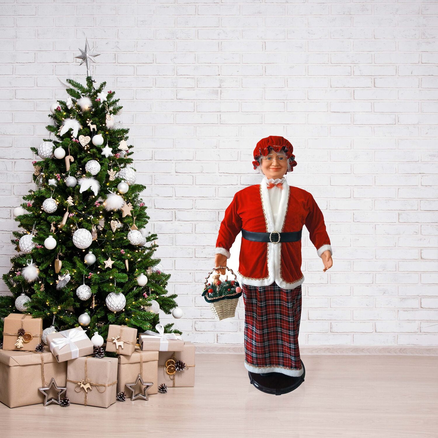 Life-Size Red and Plaid Plastic Mrs. Claus Statue