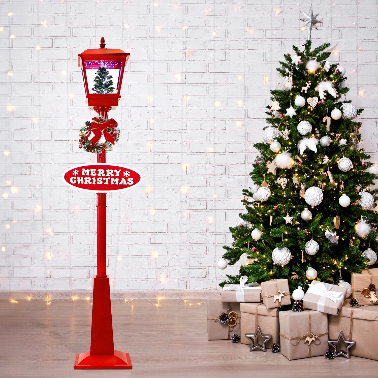 Fraser Hill Farm 5.9 ft Musical Snowy Christmas Lantern in Red
