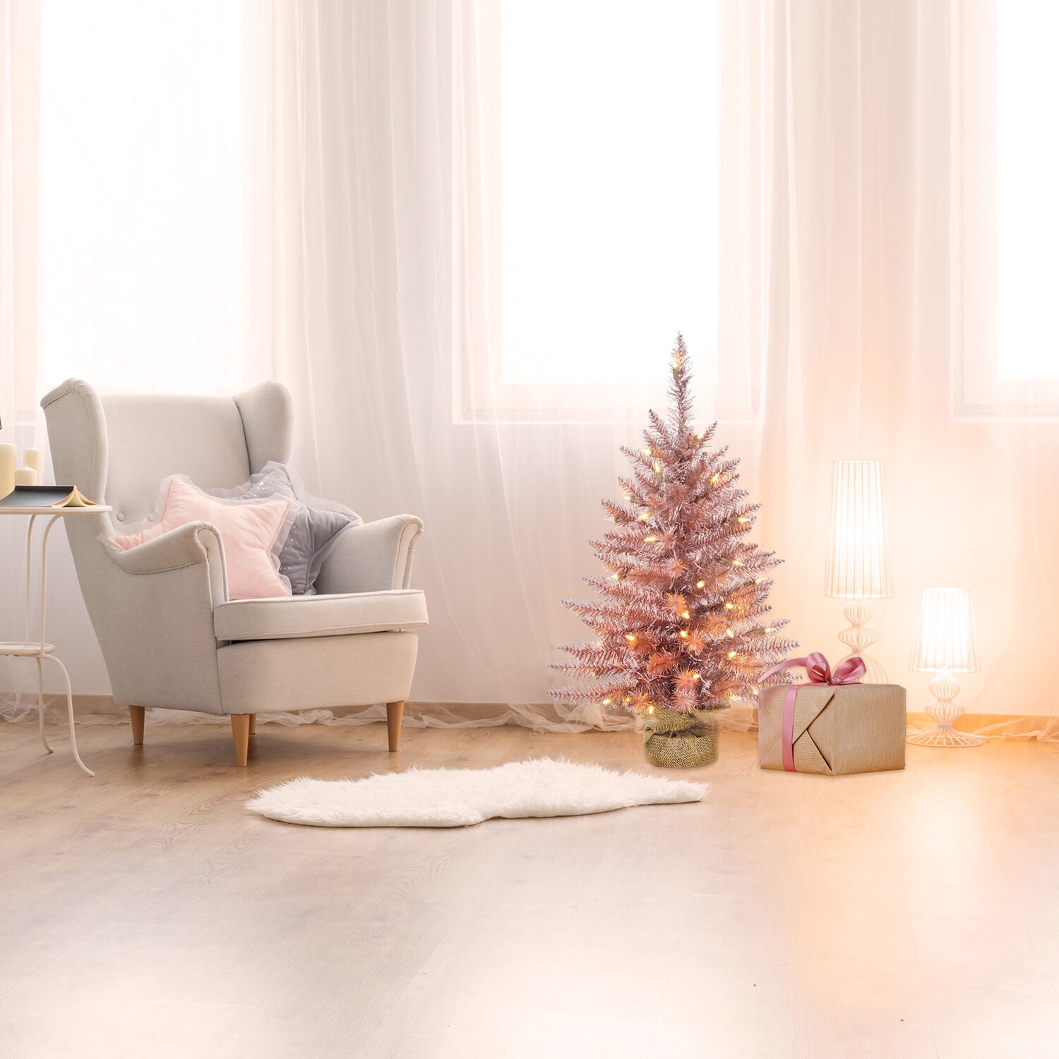Fraser Hill Farm 3-ft. Festive Tinsel Christmas Tree with Burlap Bag and Warm White LED Lights, Blush, FFFT036-5BLS