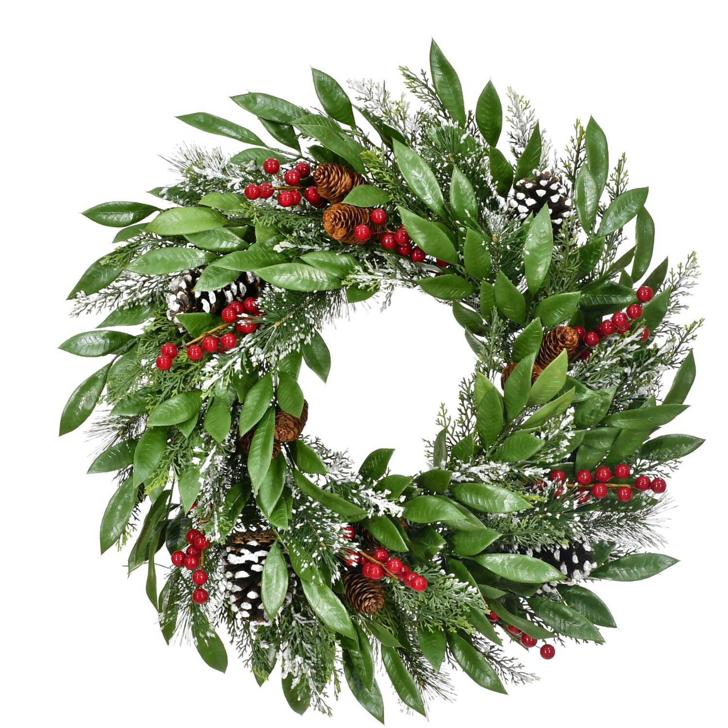 Fraser Hill Farm 25-In. Mixed Leaf Wreath Door or Wall Hanging with Pinecones and Berries, FF003CHWR-025-0GR