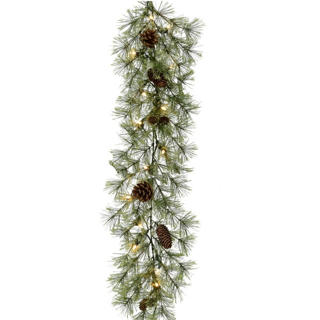 Fraser Hill Farm Green Pine Garland with Pinecones, 9-Ft. Long, Perfect Christmas Decoration for Door, Stairs, or Above Fireplace, Battery-Operated Warm White LED Lights, FF007CHGL-108-5GR