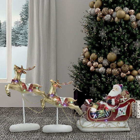 Fraser Hill Farm 3-Piece Santa, Sleigh & Flying Reindeer Holiday Figurine Set with LED Lights, FFRS000-SC1-RD
