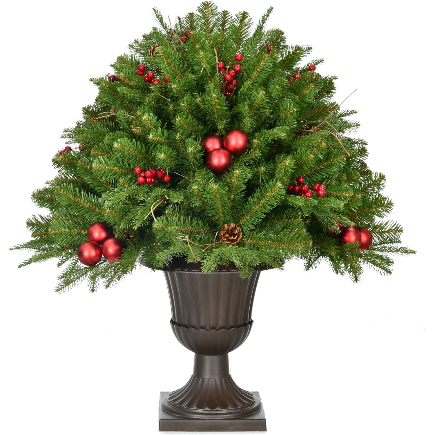 Fraser Hill Farm Joyful Porch Tree in Pedestal Urn with Berries, Pinecones, and Ornaments, 36 inches Tall Artificial Tree Perfect for Exterior Holiday Decorations FFJFPT036-0GR
