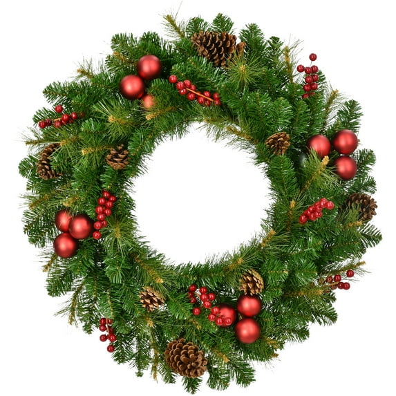 Fraser Hill Farm 30-In. Joyful Wreath Door or Wall Hanging with Pinecones, Berries, and Ornaments, FFJFWR030-0GR