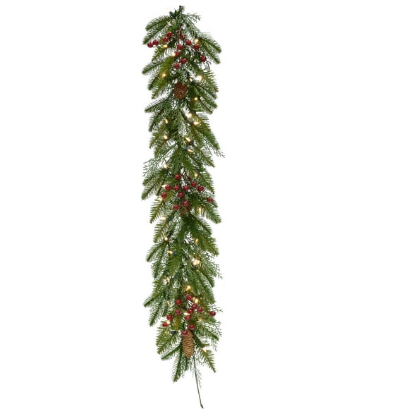 Fraser Hill Farm Mixed Pine Garland with Pinecones and Red Berries, 9-Ft. Long | Perfect Christmas Decoration for Door or Wall | Battery-Operated Warm White LED Lights | FF008CHGL-108-5GR