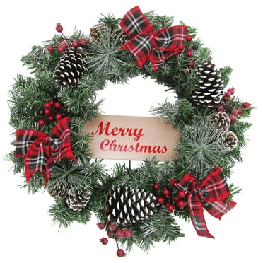 Fraser Hill Farm PVC Decorated Pine Christmas Frosted Wreath, with Cones Berries including Plaid Bows 24" (Multi-color)
