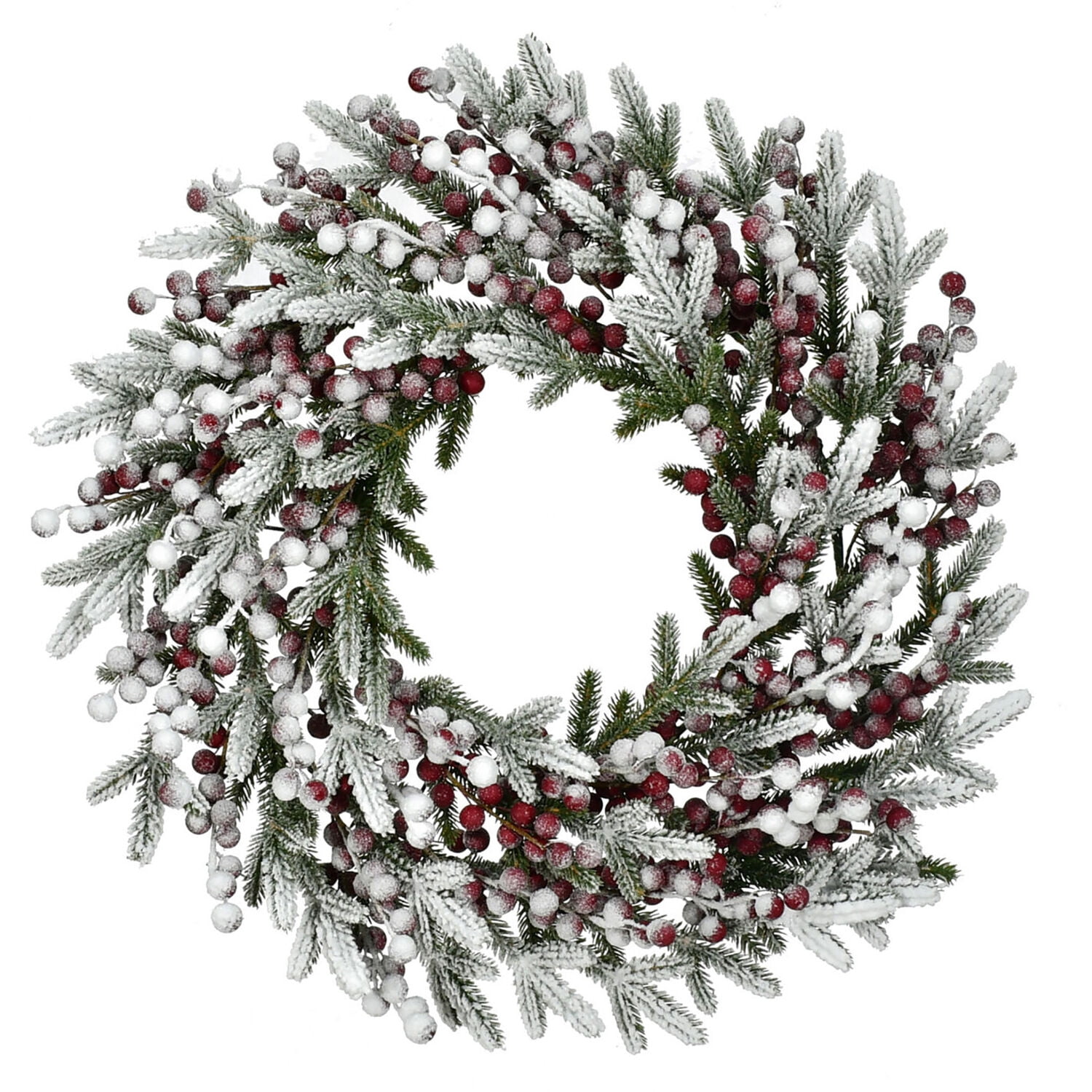 Fraser Hill Farm Pine Faux Flocked Artificial Wreath, with Berries 25" (White)