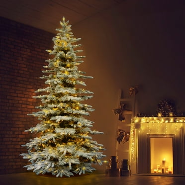 Fraser Hill Farm Pre-Lit Warm White 1600 LED Lights Mountain Pine Snow Flocked Artificial Christmas Tree, 12'