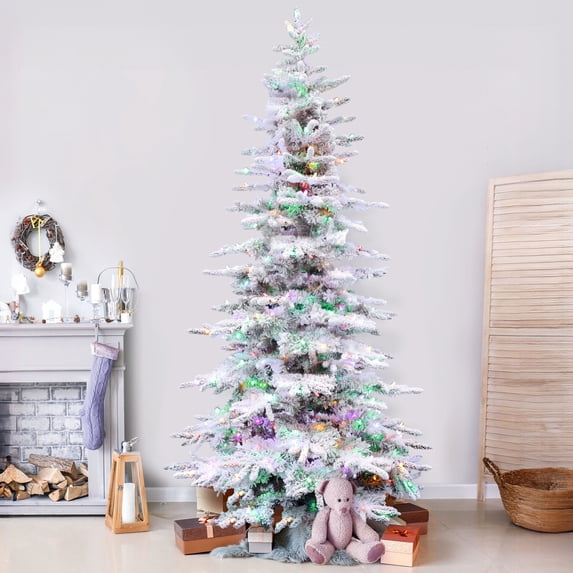 Fraser Hill Farm 9-Ft. Flocked Pine Valley Christmas Tree with Dual Multicolor & Warm White LED Lights, FFPV090-6SN