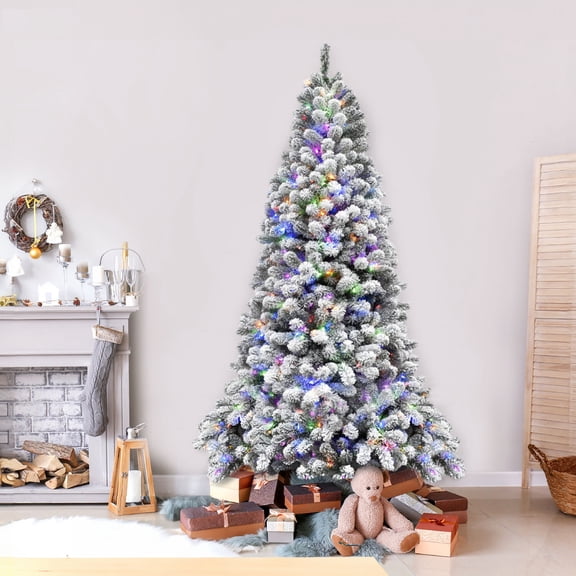 Fraser Hill Farm Prelit LED Multicolor Flocked Silverton Fir 7.5-ft. Christmas Tree, FFSF075-6SN
