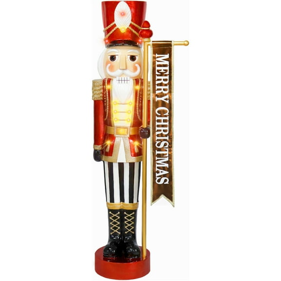 Fraser Hill Farm 4-Ft. Metallic Nutcracker Holding Banner Statue with LED Lights, FFRS048-NC1-RD