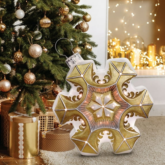 Fraser Hill Farm 36-in. Vintage Snowflake Ornament Statue with LED Lights, FFRS036-SNF1-GLD