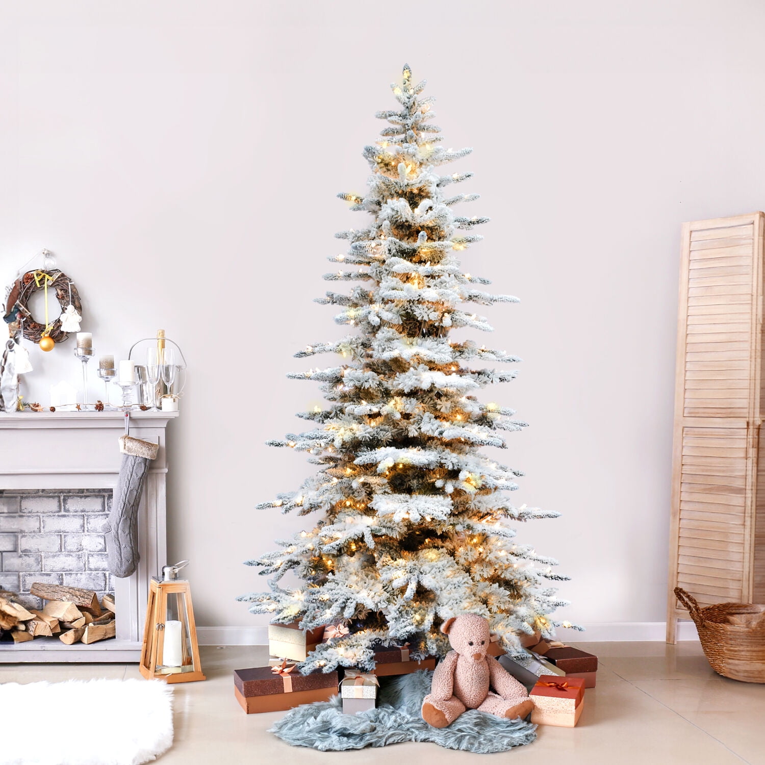 9-Foot White Pine Flocked Christmas Tree with Warm LED Lights