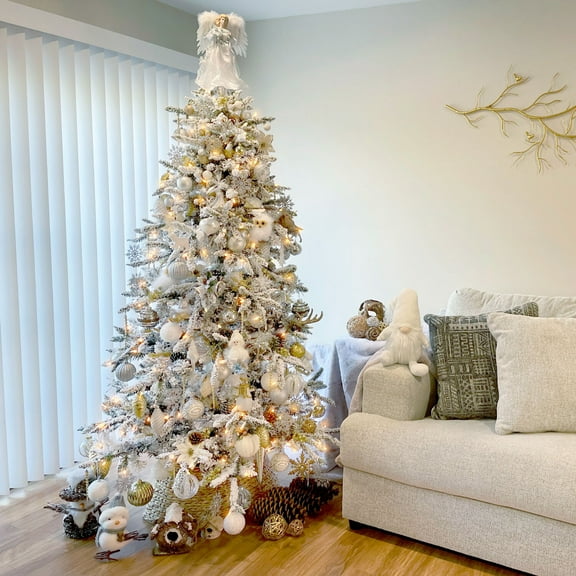 Fraser Hill Farm 9-Ft Flocked Mountain Pine Artificial Christmas Tree with Warm White LED Lights, FFMP090-5SN