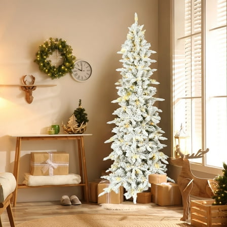 Fraser Hill Farm 6.5-Ft Flocked Mountain Pine Artificial Christmas Tree with Warm White LED Lights, FFMP065-5SN