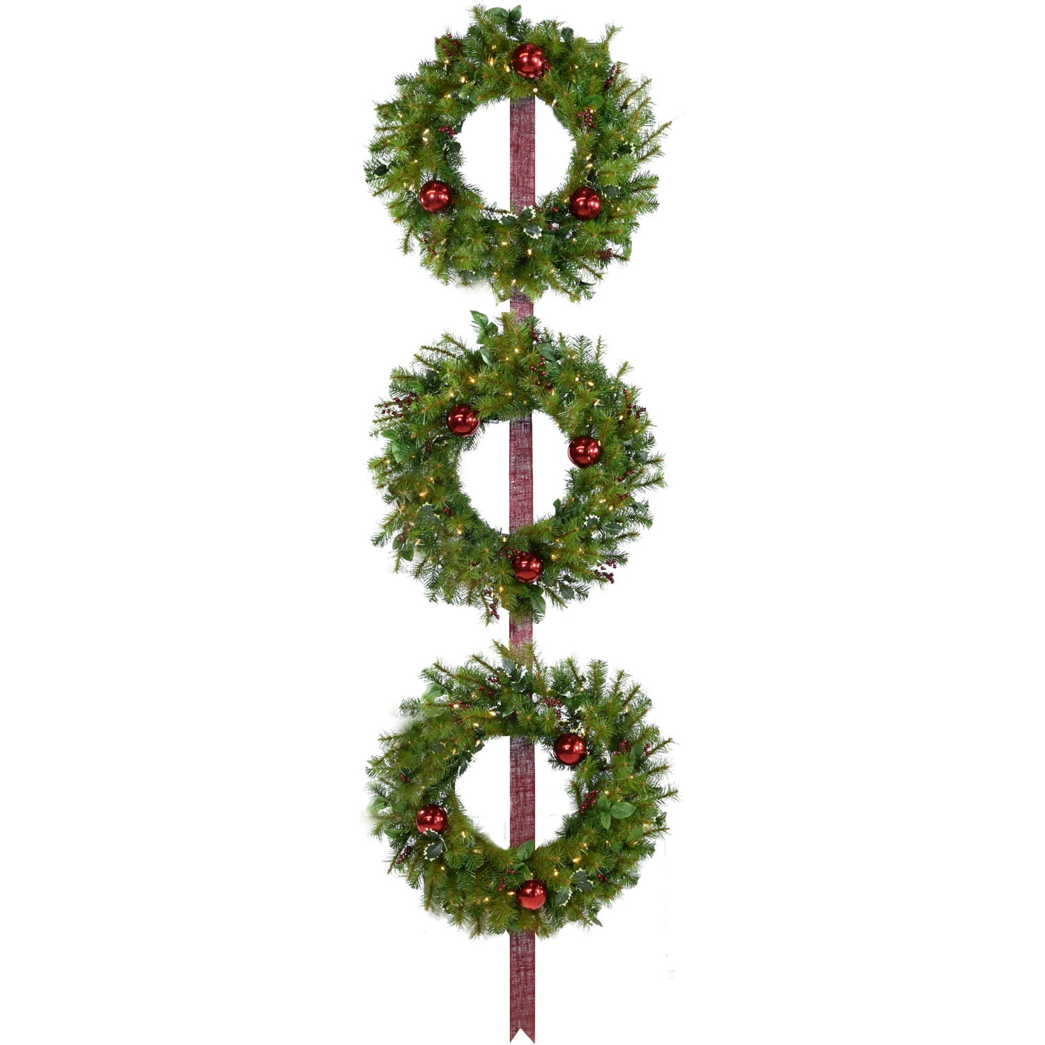 24-Inch Holly Berry Artificial Christmas Wreath Trio with Red Ribbon and LED Lights