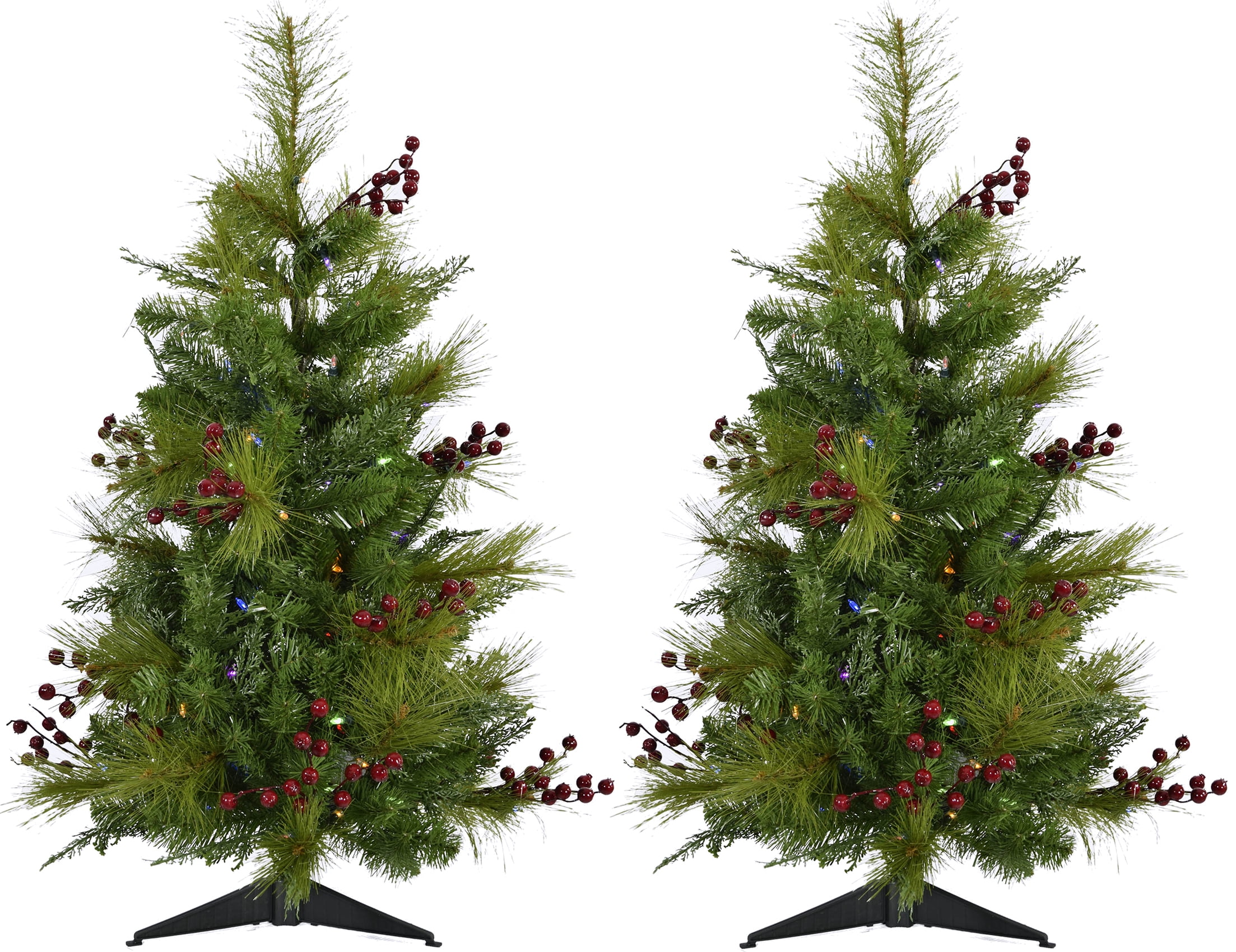 Fraser Hill Farm Set of Two 4-Ft. Newberry Pine Artificial Trees with Multi-Colored LED String Lights, FFNP056-6GRB/SET2