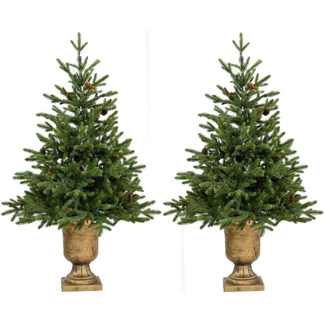 Fraser Hill Farm Set of Two 4-Ft. Noble Fir Artificial Trees with Metallic Urn Bases