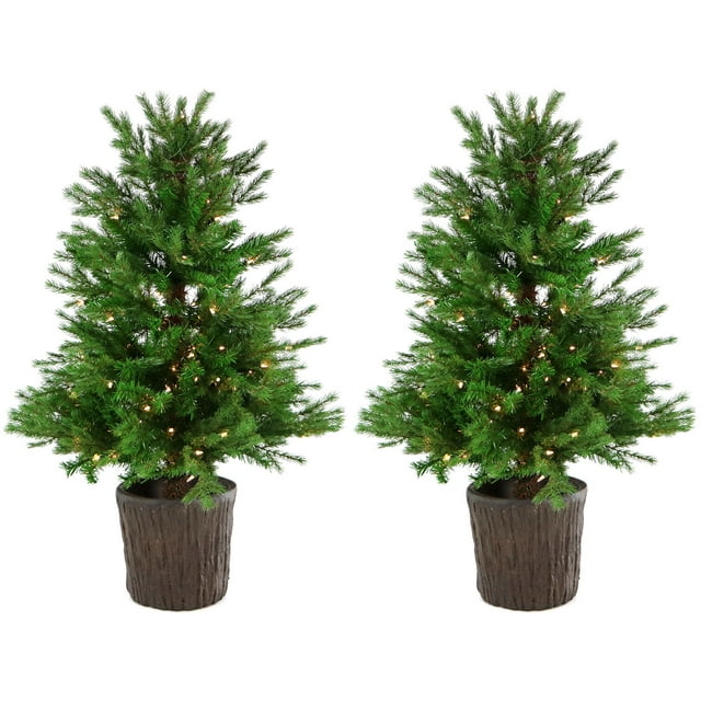 Fraser Hill Farm Set of Two New England Pine 4-Ft. Artificial Holiday Potted Trees with Smart LED Lighting