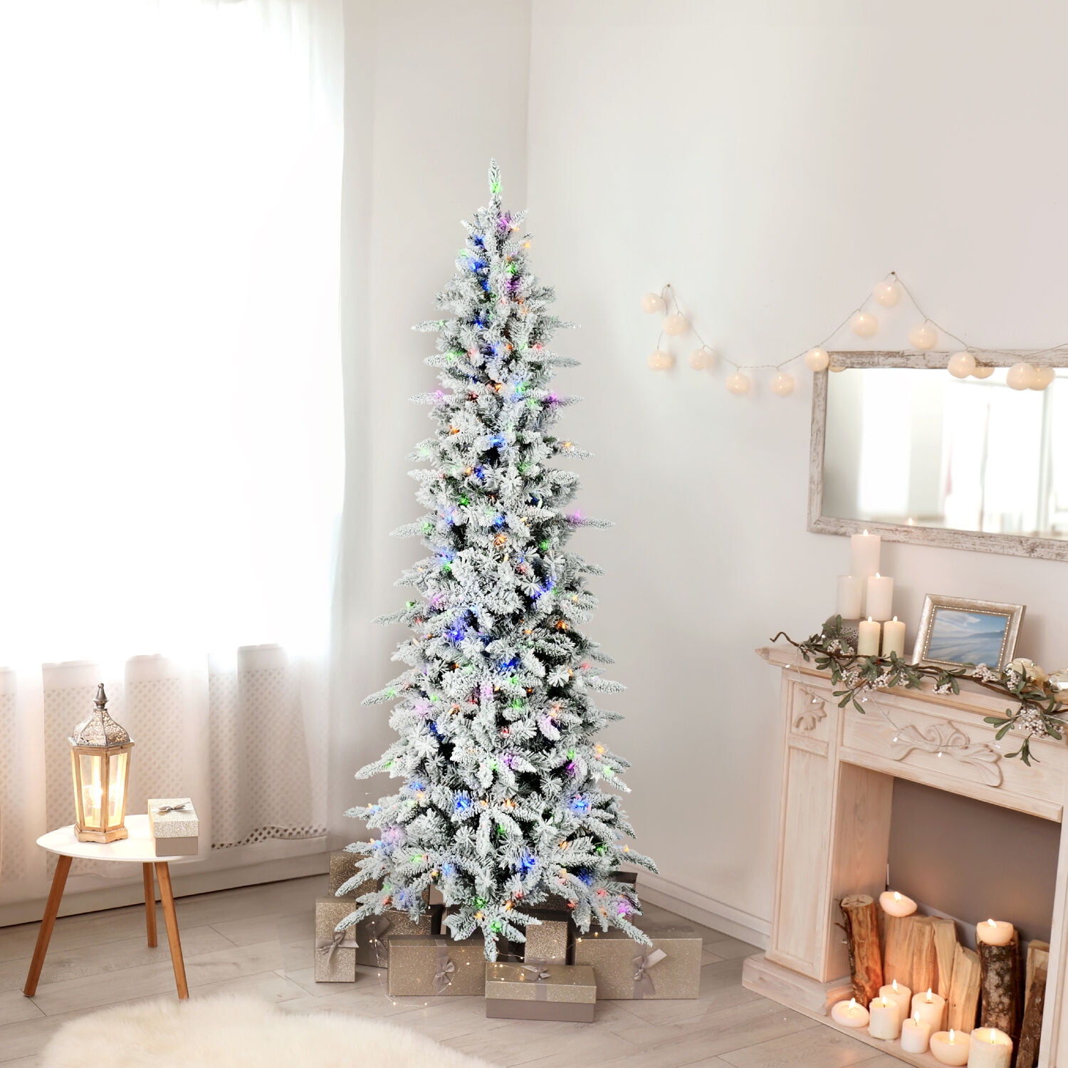 Slim Flocked 7.5-Foot Mountain Pine Christmas Tree with Multicolor LED Lights