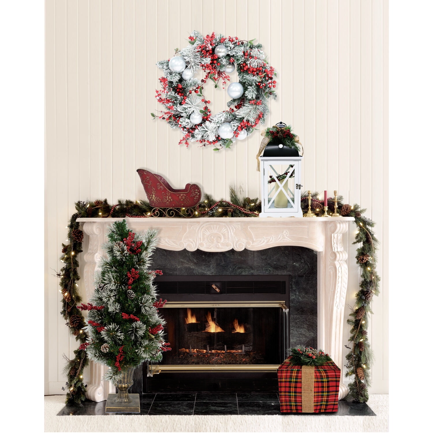 Fraser Hill Farm Tartan Christmas 5-Piece Decorating Kit: Frosted Wreath, Lightly Frosted Tree, Pre-Lit Lantern, Sleigh, and Gift Box