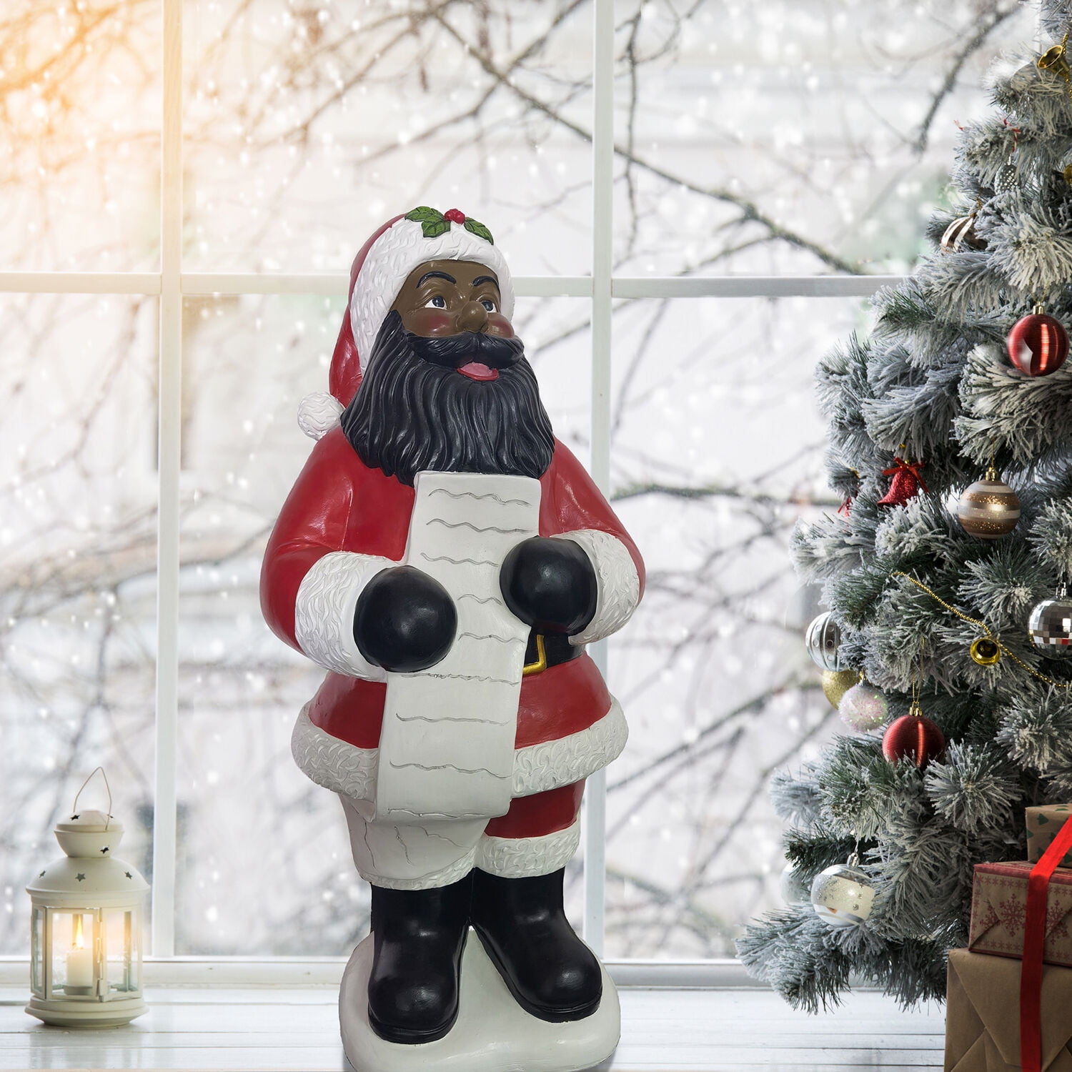 Fraser Hill Farm Traditional African American Santa Claus Statue Holding List, 36 Inches Tall | Decor for Porches, Living Rooms, and Dens | Indoor/Outdoor Holiday Decoration | FFRS036-0SC-RD-AA