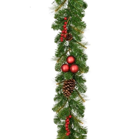 Fraser Hill Farm 9-Ft. Joyful Decorative Garland - with Pinecones and Red Berries, FFJFGL108-0GR