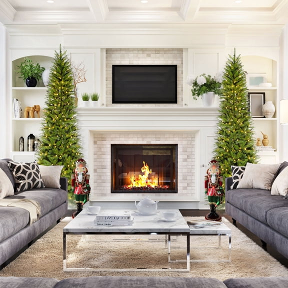 Fraser Hill Farm 7.5-Ft. Winter Falls Slim-Silhouette Christmas Tree with 8-Function Warm White LED Lighting and EZ Connect, FFWF075-5GR