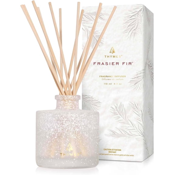 Frasier Fir Reed Diffuser Set with Reeds Fragrance Oil and Frosted Glass Bottle White Flocked 4 Fl Oz