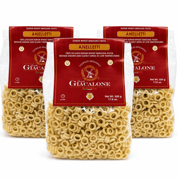 Fratelli Giacalone Anelletti Sicilian Ring Pasta, Durum Wheat Semolina, Contains Wheat, 17.6 oz (500 G), pack of 3
