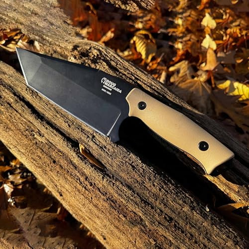Fratello Serbian Cleaver Knife 8.5in Stainless Steel Full Tang Fixed Blade Bushcraft Survival Cooking Knife - Top Grain Leather Sheath With Belt Loop, Black