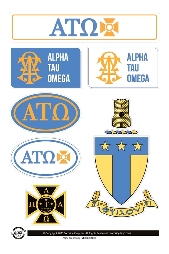 Fraternity Alpha Tau Omega Sticker Sheets - Custom Designed Vinyl Fraternity Brand Focus Stickers with Officially Licensed Designs, Removable Adhesive, 6 Stickers per Sheet