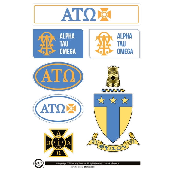 Fraternity Alpha Tau Omega Sticker Sheets - Custom Designed Vinyl Fraternity Brand Focus Stickers with Officially Licensed Designs, Removable Adhesive, 6 Stickers per Sheet