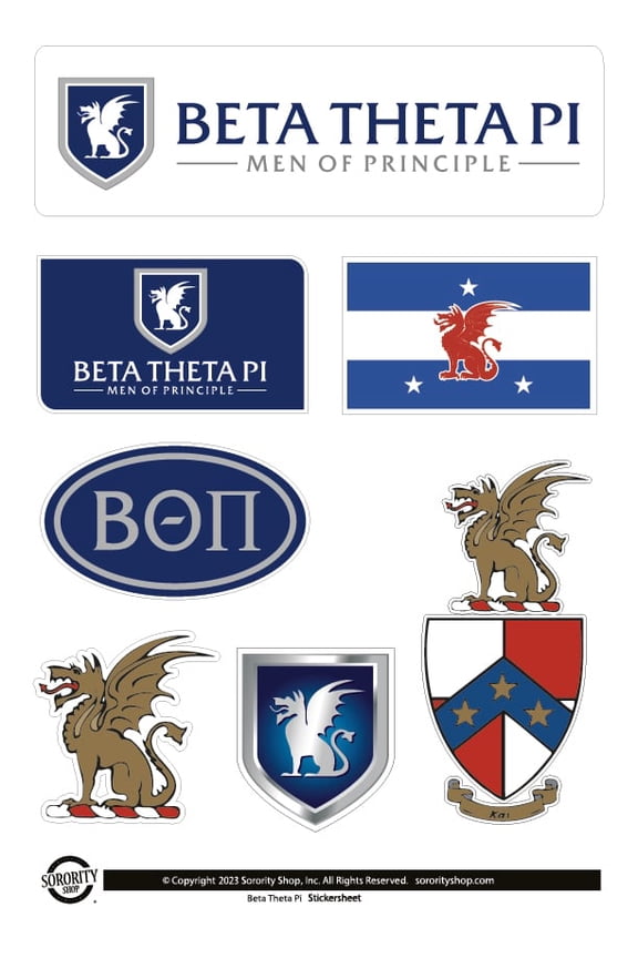 Fraternity Beta Theta Pi Sticker Sheets - Custom Designed Vinyl Fraternity Brand Focus Stickers with Officially Licensed Designs, Removable Adhesive, 6 Stickers per Sheet