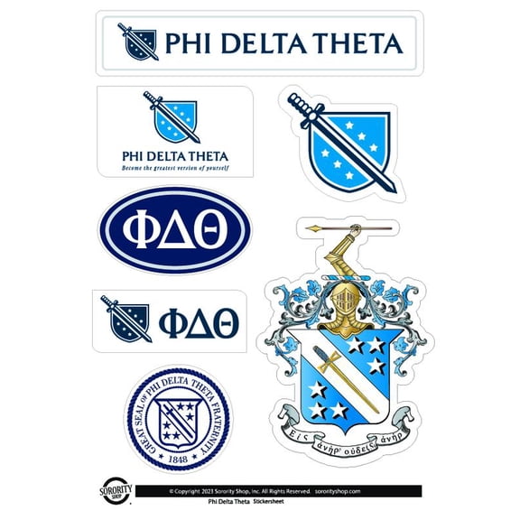 Fraternity Phi Delta Theta Sticker Sheets - Custom Designed Vinyl Fraternity Brand Focus Stickers with Officially Licensed Designs, Removable Adhesive, 6 Stickers per Sheet