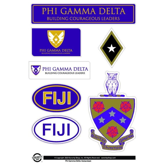 Fraternity Phi Gamma Delta Sticker Sheets - Custom Designed Vinyl Fraternity Brand Focus Stickers with Officially Licensed Designs, Removable Adhesive, 6 Stickers per Sheet
