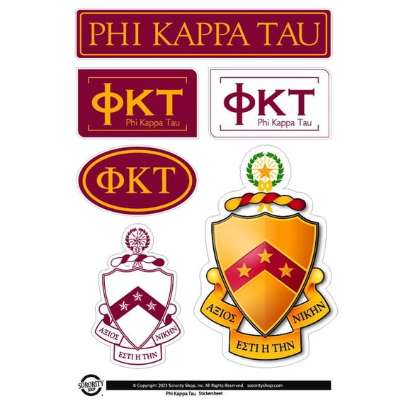 Fraternity Phi Kappa Tau Sticker Sheets - Custom Designed Vinyl Fraternity Brand Focus Stickers with Officially Licensed Designs, Removable Adhesive, 6 Stickers per Sheet