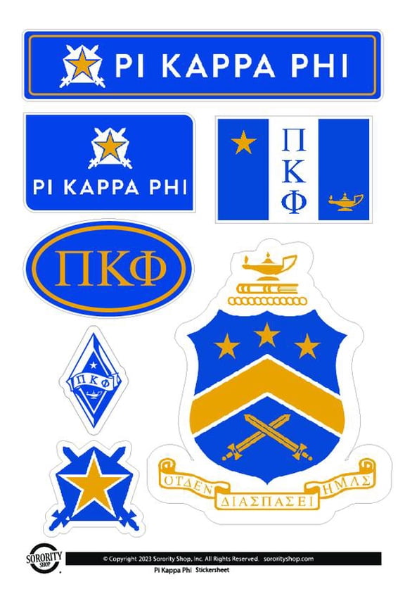 Fraternity Pi Kappa Phi Sticker Sheets - Custom Designed Vinyl Fraternity Brand Focus Stickers with Officially Licensed Designs, Removable Adhesive, 6 Stickers per Sheet