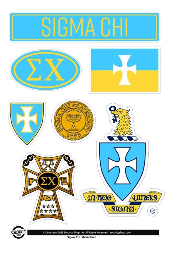 Fraternity Sigma Chi Sticker Sheets - Custom Designed Vinyl Fraternity Brand Focus Stickers with Officially Licensed Designs, Removable Adhesive, 6 Stickers per Sheet