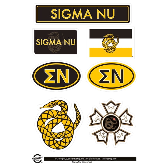 Fraternity Sigma Nu Sticker Sheets - Custom Designed Vinyl Fraternity Brand Focus Stickers with Officially Licensed Designs, Removable Adhesive, 6 Stickers per Sheet