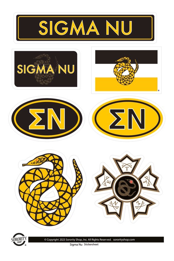 Fraternity Sigma Nu Sticker Sheets - Custom Designed Vinyl Fraternity Brand Focus Stickers with Officially Licensed Designs, Removable Adhesive, 6 Stickers per Sheet