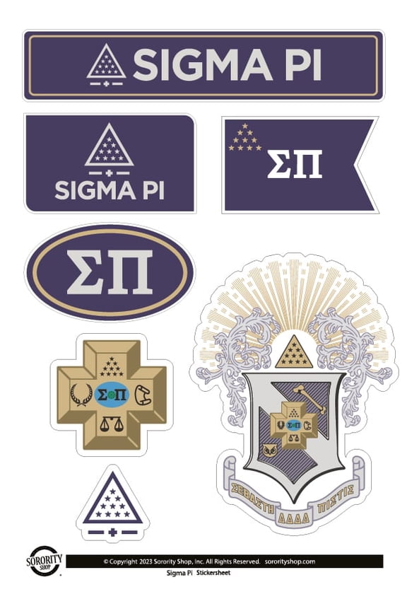 Fraternity Sigma Pi Sticker Sheets - Custom Designed Vinyl Fraternity Brand Focus Stickers with Officially Licensed Designs, Removable Adhesive, 6 Stickers per Sheet