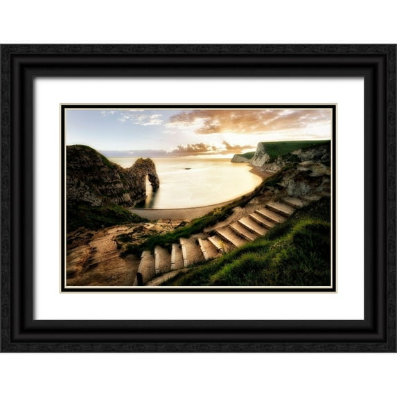 Frates, Dennis 24x17 Black Ornate Wood Framed with Double Matting Museum Art Print Titled - Sunset at Durdle Door with pathway. Dorset, Jurassic Coast, England