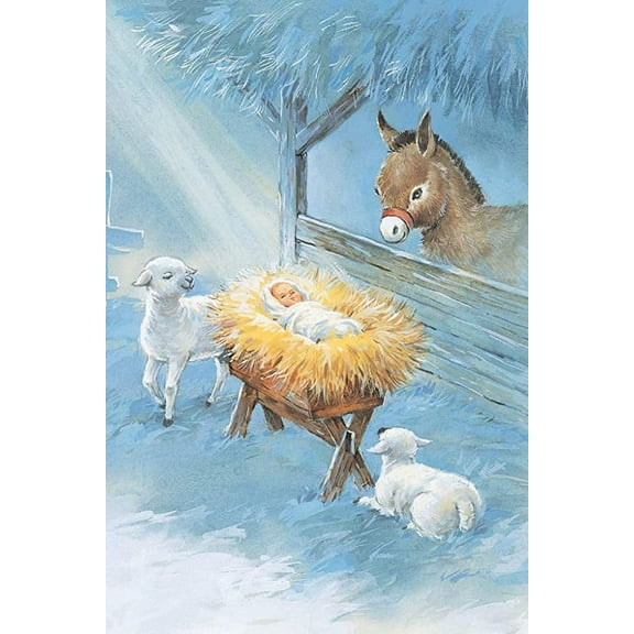 Fravessi Christmas Boxed Greeting Card Multi-Pack Set (4" x 6") | 16 Cards + 17 Envelopes | Manger Nativity with Animals Religious Scene | Blue, White