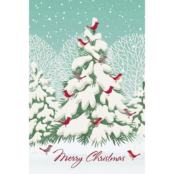 Fravessi Christmas Boxed Greeting Card Multi-Pack Set (4" x 6") | 16 Cards + 17 Envelopes | Snow Covered Tree with Birds Design | Green, Red